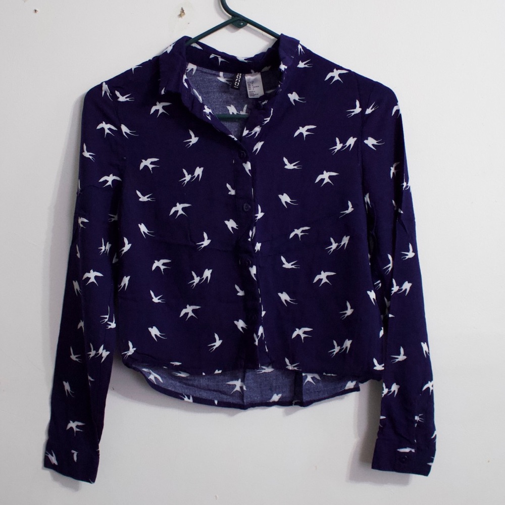 H&M Cropped Bird-Pattern Long-Sleeve, Size US 4